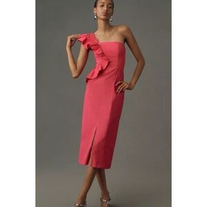 Anthropologie Pink linen One-Shoulder Ruffle column Midi Dress M 6 8 10